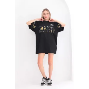 Arnay Unisex Bisiklet Yaka Baskılı Oversize T-shirt - Siyah