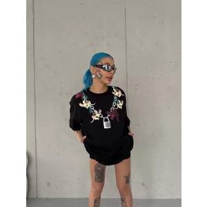 Arnay Unisex Bisiklet Yaka Baskılı Oversize T-shirt - Siyah