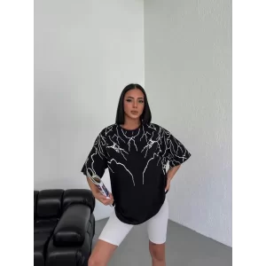 Arnay Unisex Bisiklet Yaka Baskılı Oversize T-shirt - Siyah