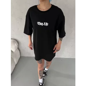 Arnay Unisex Bisiklet Yaka Baskılı Oversize T-shirt - Siyah