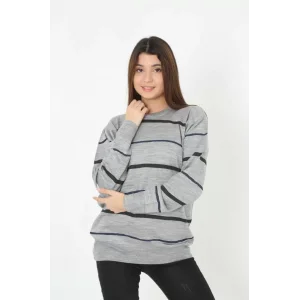 Arnay Unisex İnce Çizgili Bisiklet Yaka Triko Kazak - Gri