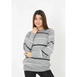 Arnay Unisex İnce Çizgili Bisiklet Yaka Triko Kazak - Gri