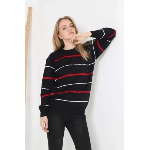 Arnay Unisex İnce Çizgili Bisiklet Yaka Triko Kazak - Siyah