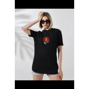 Arnay Unisex Kadın Bisiklet Yaka Baskılı T-shirt - Siyah