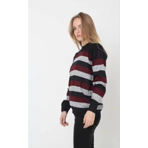 Arnay Unisex Kalın Çizgili Bisiklet Yaka Triko Kazak - Bordo