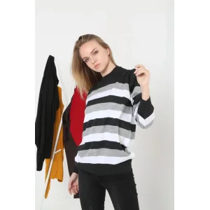 Arnay Unisex Kalın Çizgili Bisiklet Yaka Triko Kazak - Gri