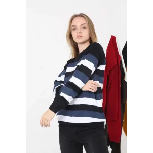 Arnay Unisex Kalın Çizgili Bisiklet Yaka Triko Kazak - Lacivert