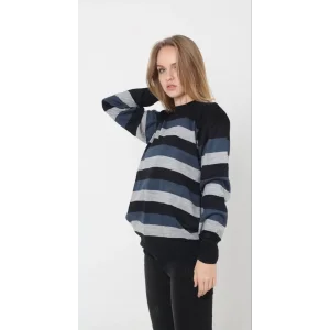 Arnay Unisex Kalın Çizgili Bisiklet Yaka Triko Kazak - Siyah