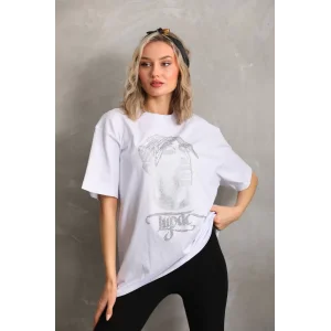 Arnay Unisex Taş Desenli Oversize T-shirt - Beyaz
