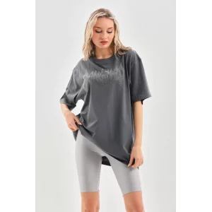 Arnay Unisex Taş Desenli Oversize T-shirt - Füme