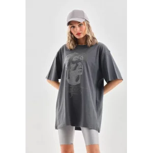 Arnay Unisex Taş Desenli Oversize T-shirt - Füme