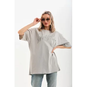 Arnay Unisex Taş Desenli Oversize T-shirt - Gri