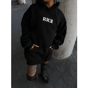 Arnay Uzun Kol Kapüşonlu Göğüs Baskılı Sweatshirt - Siyah