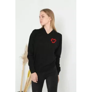 Arnay Uzun Kol V Yaka Baskılı Dokuma Triko - Siyah