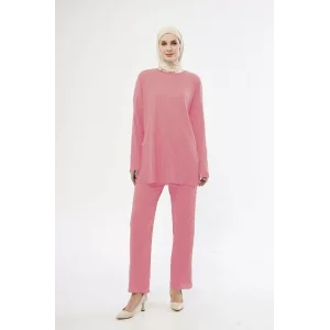 Arnay Uzun Kollu Organik Yıkanmış Kumaş Fitilli Pantolonlu Takım - Gül Kurusu
