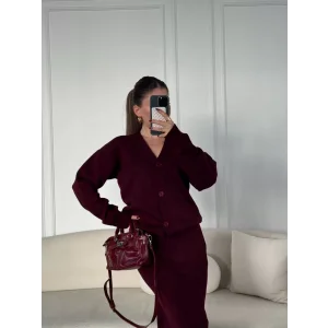 Arnay V Yaka 3 Düğmeli Hırka Takım Triko İkili Etekli - Bordo