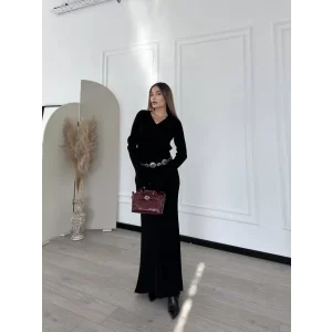 Arnay V Yaka Fitilli Uzun Elbise- Siyah