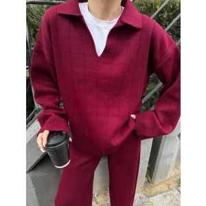 Arnay Yakalı Cizgi Detaylı Triko İkili Takım - Bordo