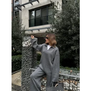 Arnay Yakalı Cizgi Detaylı Triko İkili Takım - Füme