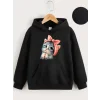 Arnay Çocuk Unisex Kapüşonlu Tatlı Kedi Baskılı Sweatshirt - Siyah