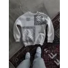 Arnay Desenli Üç İplik Bisiklet Yaka Oversize Sweatshirt - Beyaz