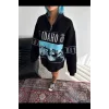 Arnay Kadın Yarım Fermuarlı Oversize Baskılı Sweatshirt - Siyah
