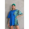 Arnay Unisex Bisiklet Yaka Baskılı Oversize T-shirt - Mavi