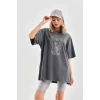 Arnay Unisex Taş Desenli Oversize T-shirt - Füme