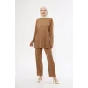 Arnay Uzun Kollu Organik Yıkanmış Kumaş Fitilli Pantolonlu Takım - Kahve