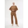 Arnay Uzun Kollu Organik Yıkanmış Kumaş Fitilli Pantolonlu Takım - Kahve