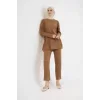 Arnay Uzun Kollu Organik Yıkanmış Kumaş Fitilli Pantolonlu Takım - Kahve