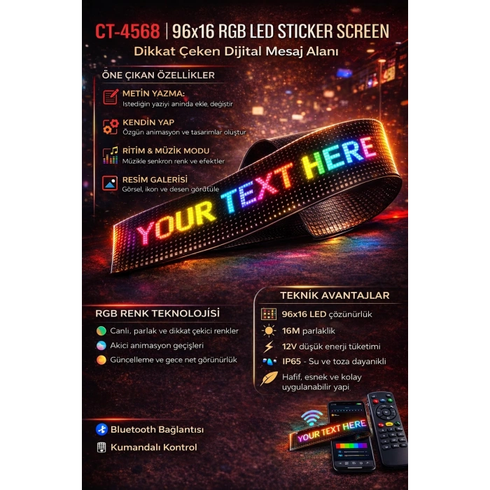 1 Adet CATA CT 4568 Esnek Yapışkanl Matrix Led Panel 60X12 RGB