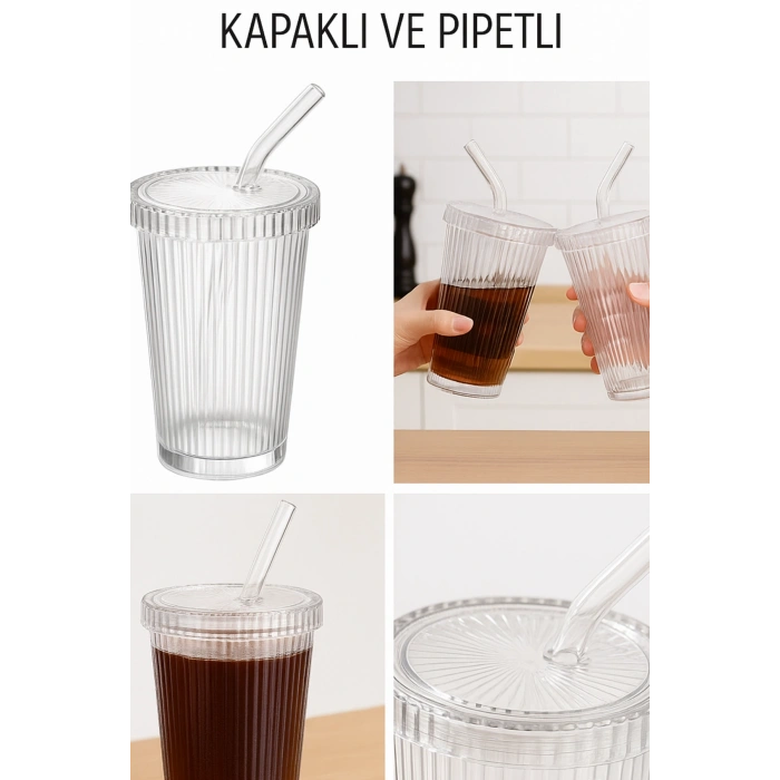 10 Adet Latte Kapaklı Pipetli Kristal Desen Fenomen Bardak Soğuk Kahve, Smoothie, İçecek Bardağı