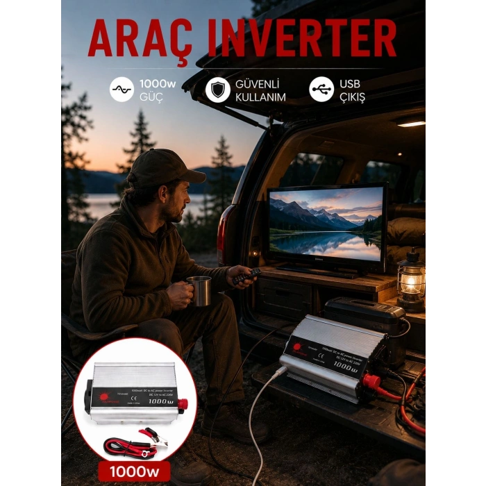 1000W Araç İnverter Aküden Elektrik Üreten Taşınabilir Güç Dönüştürücü