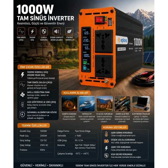 1000W Tam Sinüs İnverter 12V AC Çevirici | Sessiz Fanlı, USB Çıkışlı, Araç Karavan Tekne Solar Uyumlu Güç İnverteri