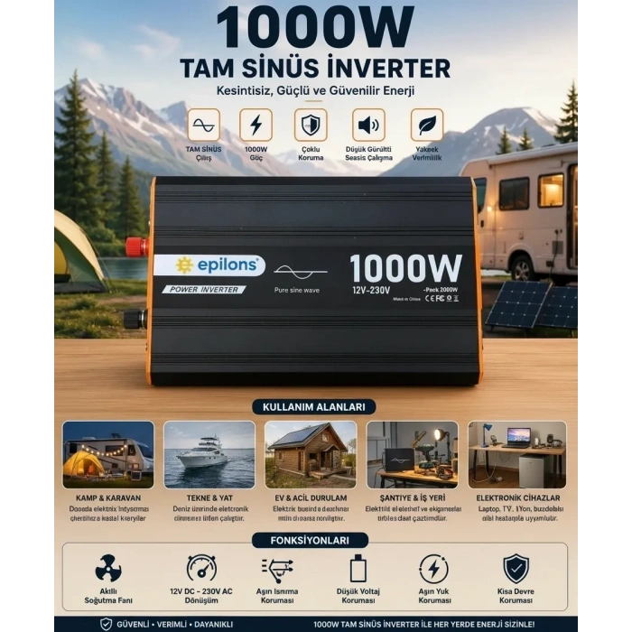 1000W Tam Sinüs İnverter 12V AC Çevirici | Sessiz Fanlı, USB Çıkışlı, Araç Karavan Tekne Solar Uyumlu Güç İnverteri