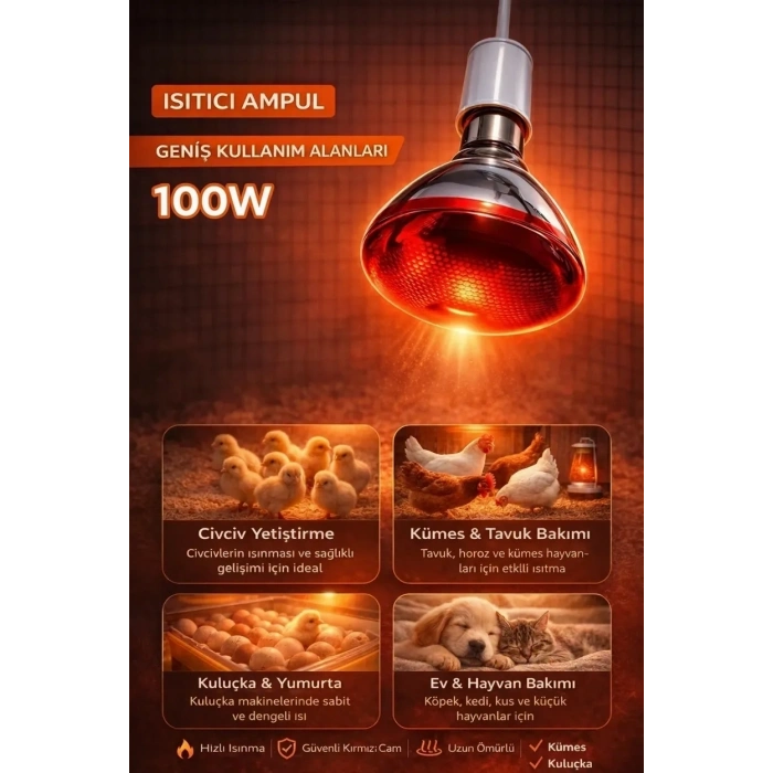 100W Isıtıcı Ampul Kırmızı Isı Lambası Civciv Kümes Kuluçka E27 Duy Isıtma Ampulü