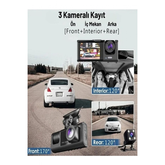 1080p 3 Kameralı Araç İçi Kamera IPS Ekranlı Ultra Geniş Açılı Gece Görüşlü G Sensörlü