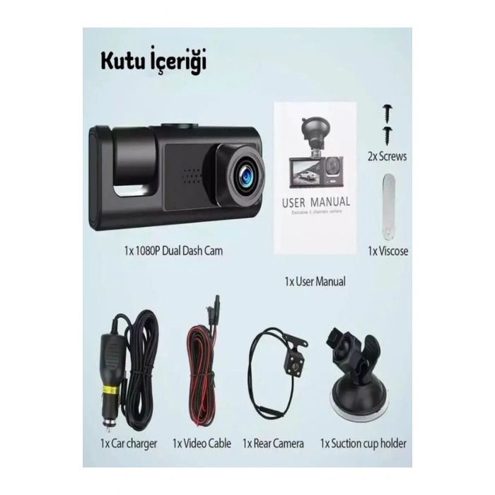 1080p 3 Kameralı Araç İçi Kamera IPS Ekranlı Ultra Geniş Açılı Gece Görüşlü G Sensörlü