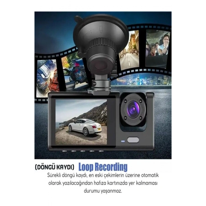 1080p 3 Kameralı Araç İçi Kamera IPS Ekranlı Ultra Geniş Açılı Gece Görüşlü G Sensörlü