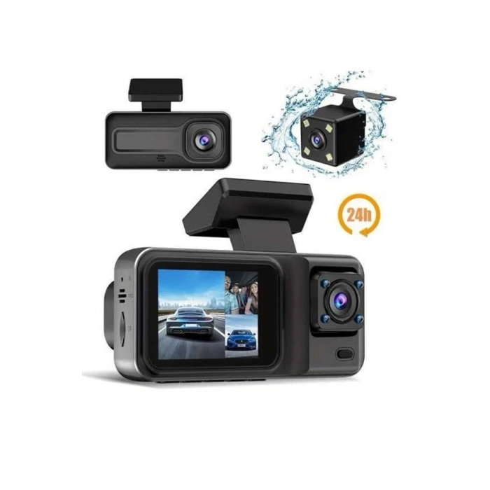 1080P 3 Lensli WİFİ Araç İçi Kameralı Ekran DVR Kaydedici Gece Görüşlü