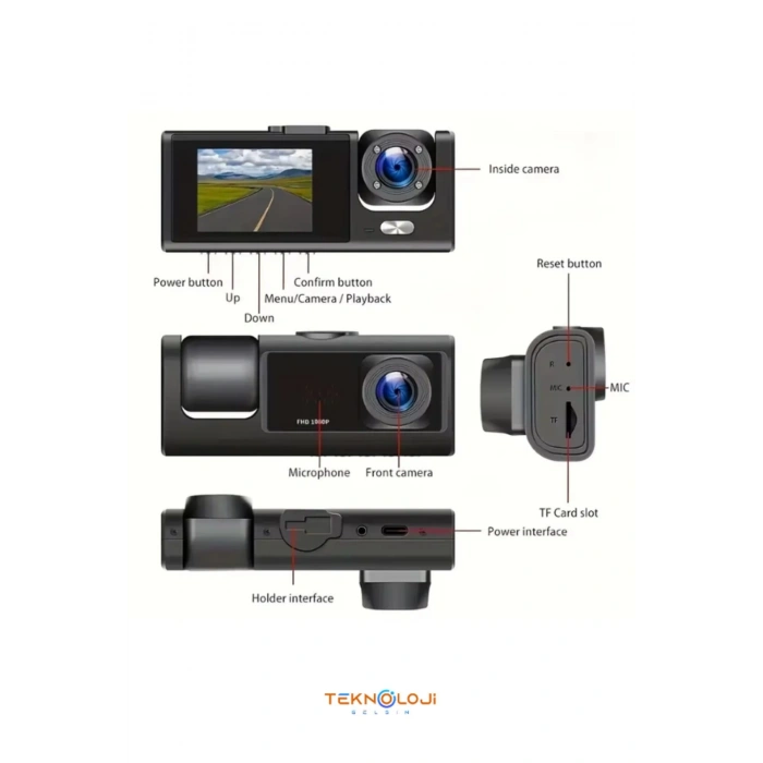 1080P Dash Cam Full Hd Araç içi Kamera Ön Arka ve İç Kayıt 3 Kamera Gece Görüşlü G Sensör Geniş Açı