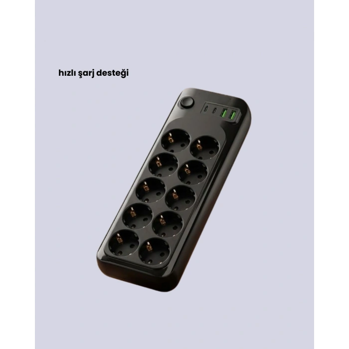 10’lu Çoklu Priz Termal Korumalı USB Type-C Çıkışlı 2500W Uzatma Kablosu