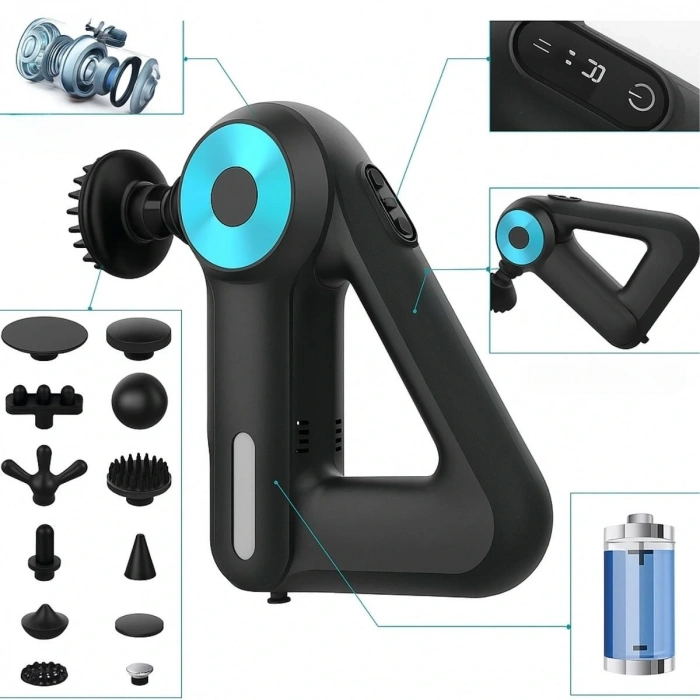 12 Farklı Başlıklı Profesyonel Masaj Tabancası - Kas Gevşetici ve Yorgunluk Giderici Masaj Aleti (5047)