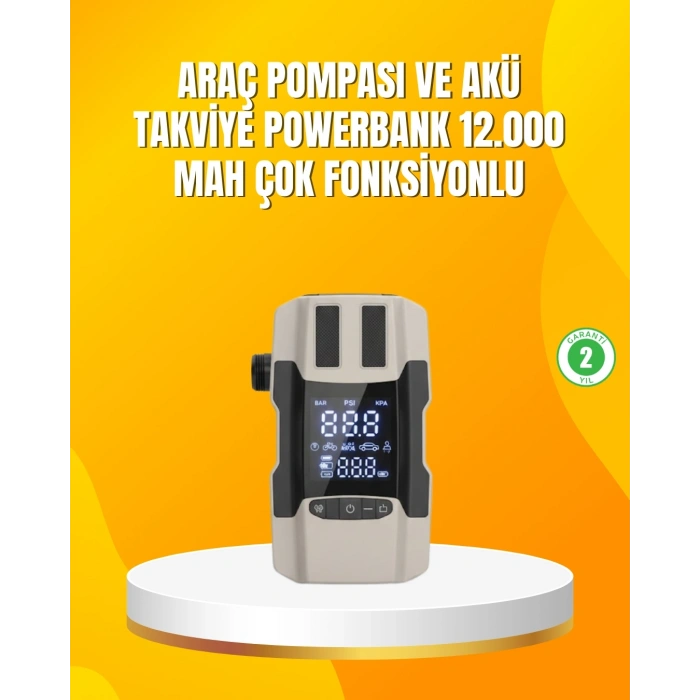 12.000 mAh Akü Takviye Powerbank Dahili Hava Pompalı Dijital Ekranlı