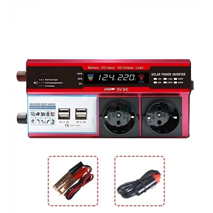 12V 2000W Modifiye Sinus İnverter Araç ve Güneş Enerjisi Uyumlu, Çift USB, Çift Priz ve Çakmaklık