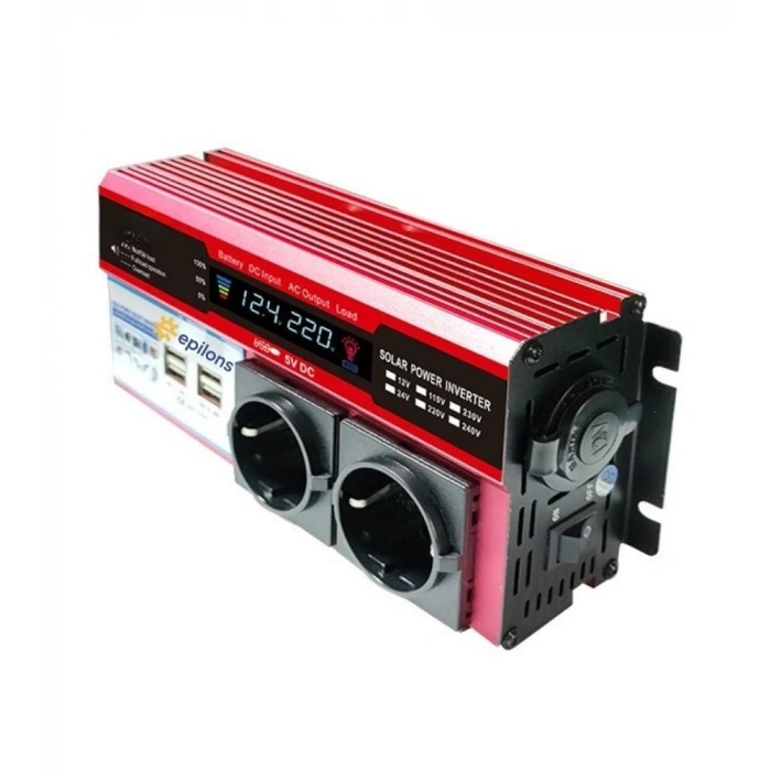 12V 2000W Modifiye Sinus İnverter Araç ve Güneş Enerjisi Uyumlu, Çift USB, Çift Priz ve Çakmaklık