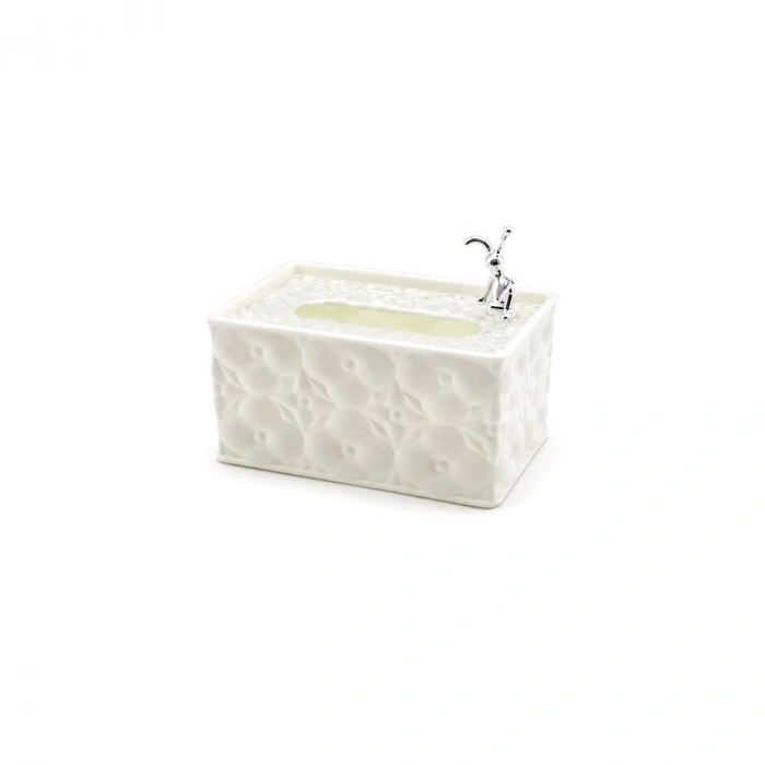 18.4X12.5X9CM BEYAZ YAYLI MASAÜSTÜ DEKORATİF DİKDÖRTGEN PEÇETELİK (5047)