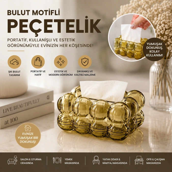 19X13X9CM KAHVERENGİ ŞEFFAF YAYLI MASAÜSTÜ BUBBLE DEKORATİF BULUT PEÇETELİK (5047)