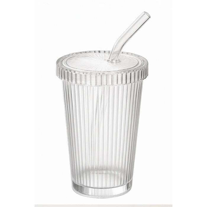 2 Adet Latte Kapaklı Pipetli Kristal Desen Fenomen Bardak Soğuk Kahve, Smoothie, İçecek Bardağı